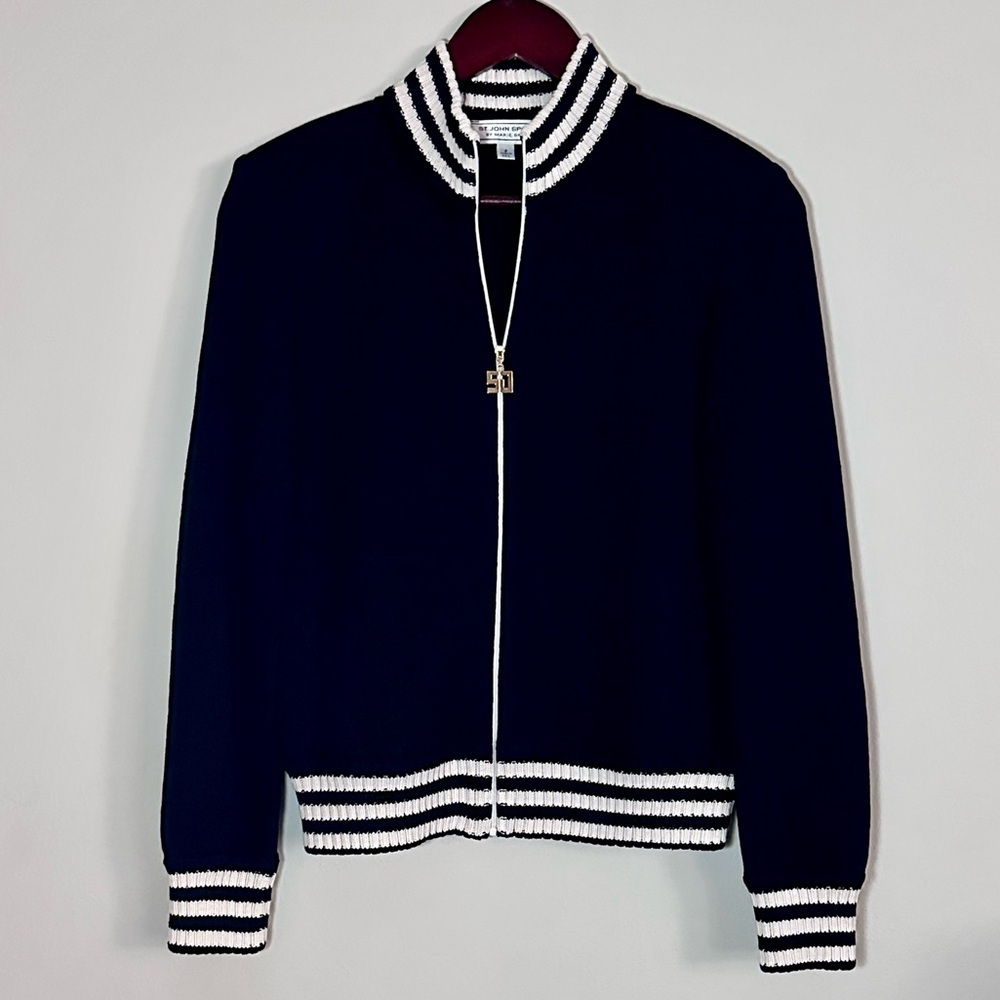 St. John Sport | Black Ribbed Knit Zip Jacket Striped Trim | Size P